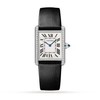 1:2 super gefälschte Uhren Cartier Tank muss Uhr großes Modell Quarzwerk Stahl Diamanten Kalbsleder W4TA0017