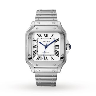 Beste Schweizer Replik Seiten Cartier Santos De Cartier Uhr Medium Modell Automatikwerk Stahl austauschbare Metall und Leder Armbänder Stahl WSSA0029