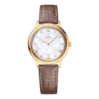 Luxus hoher Qualität Omega De Ville Prestige 30mm Damenuhr Perlmutt Gelbgold Kalbsleder O43453306055002