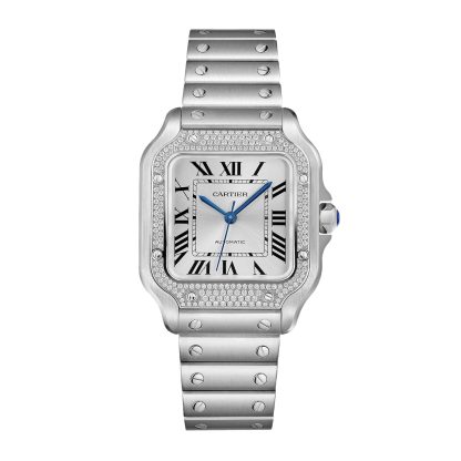 Männer Schweizer Replik-Uhren Cartier Santos De Cartier Uhr Medium Modell Automatik Stahl Diamanten austauschbar Metall und Leder Armbänder Stahl W4SA0005