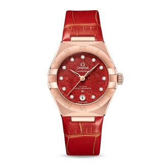 Replik Handgelenk Omega Constellation Co-Axial Master Chronometer 29mm Damenuhr rot Leder O13153292099003