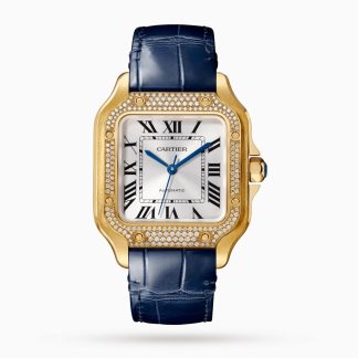 Replik Luxus Cartier Santos De Cartier Uhr Santos Uhr mittleres Modell mechanisches Uhrwerk mit automatischem Aufzug Leder Gelbgold Alligator WJSA0013