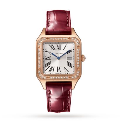 Schweizer Replik-Uhren billig Cartier Santos-Dumont Uhr kleines Modell Rose Gold Diamanten Lederarmband Alligator WJSA0017