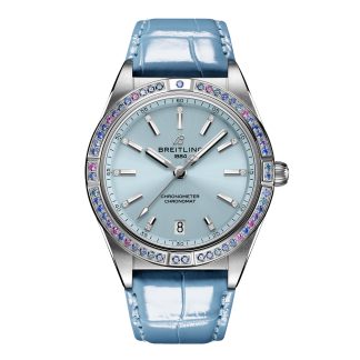 gefälschte Handgelenk Breitling Chronomat Automatic 36 South Sea Ice Blue Lederband Damenuhr Alligator G10380611C1P1