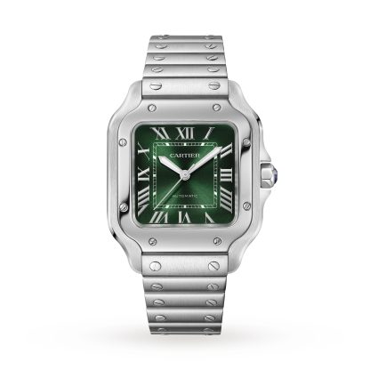 gefälschte Handgelenk Cartier Santos de Cartier Uhr mittleres Modell Stahl Automatik auswechselbarem Lederband Stahl WSSA0061