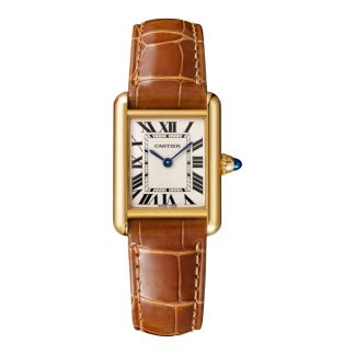 gefälschte Handgelenk Cartier Tank Louis Cartier Uhr kleines Modell Quarzwerk Gelbgold Leder Alligator W1529856